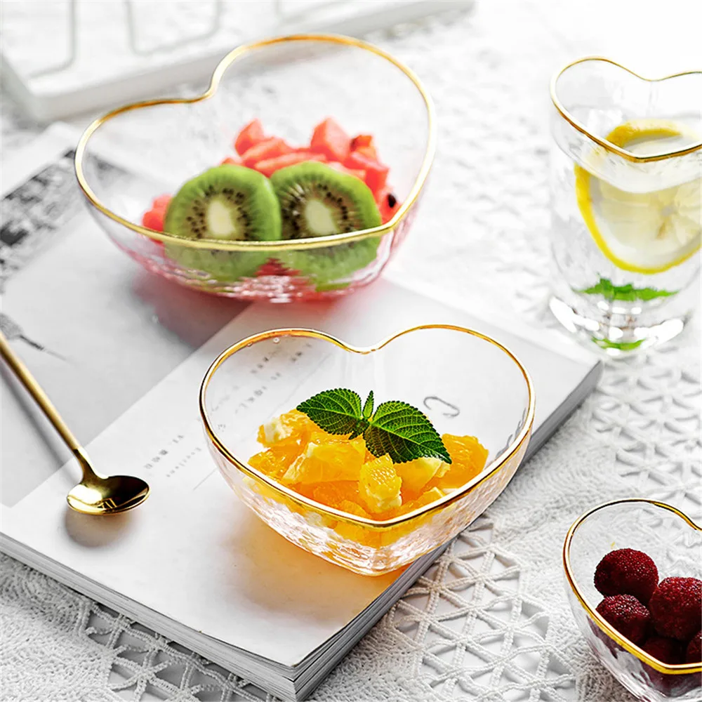 

Cute Heart Bowl Gold Side Crystal Transparent Glass Bowl Vinegar Seasoning Solid Soybean Small Dish Sauce Salt Snack Plates 1pcs