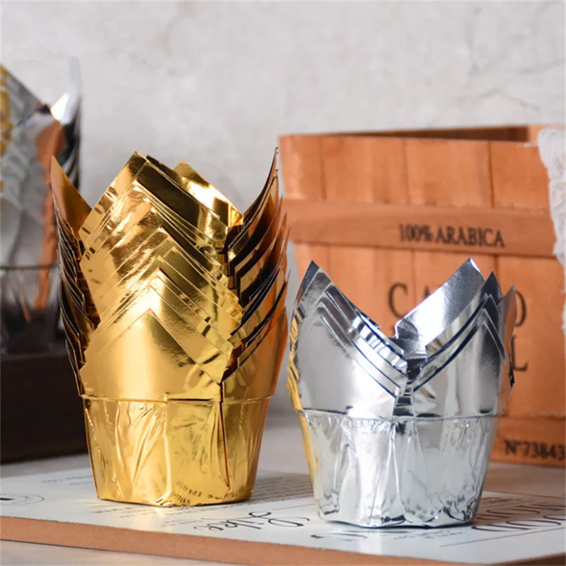 

50Pcs Gold Silver Tulip Cupcake Liner Baking Cups Wedding Party Decor Muffin Case Oil Proof DIY Cake Wrapper