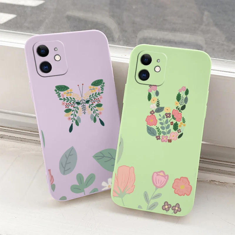 

Cute Rabbit Plant Liquid Phone Case For iPhone 12 Pro Max Mini 11 Pro Max X XR XS MAX SE2020 8 7 Plus 6 6S Plus Soft Back Cover