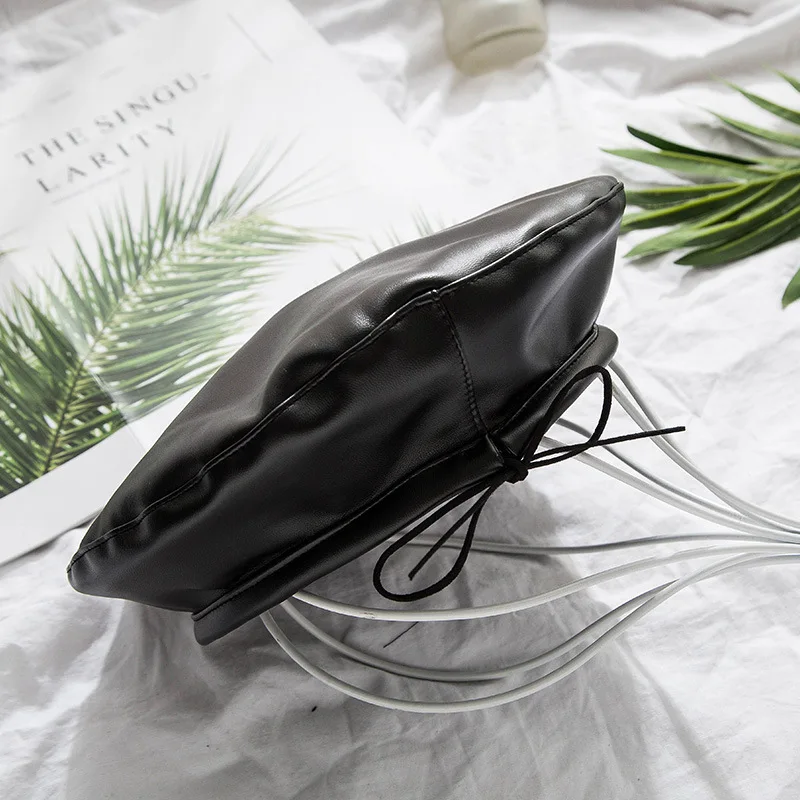 Black Винтажный хит, женский берет, однотонный, из искусственной кожи, берет, французский артист, теплая шапка, высокая мода, зимняя Лыжная шапка, женская шапка, подходит ко всему - Цвет: Black