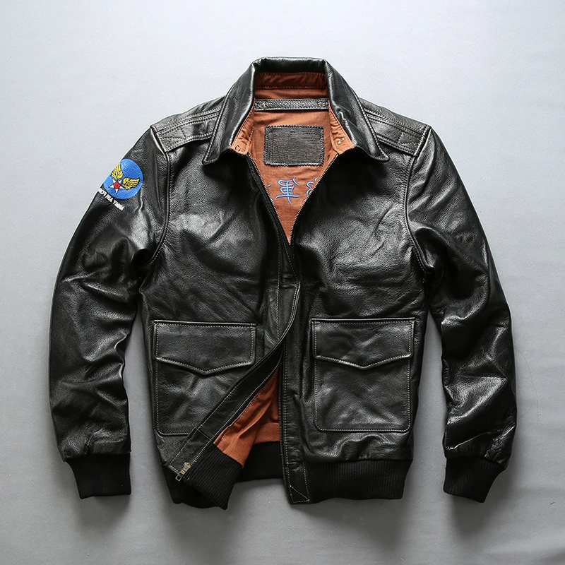 

Men Facotry New Black/Brown A2 Pilot Jacket Casual Genuine Cowskin Slim Fit Jackets Russia Winter Coats S-4XL
