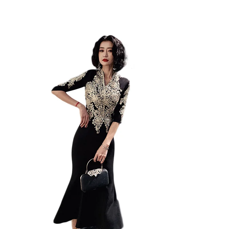 

V-Neck Party Dress Sequins Mermaid Evening Cheongsam Flower Women Wedding Long Qipao Elegant Banquet Gown Clothes Vestido XS-3XL