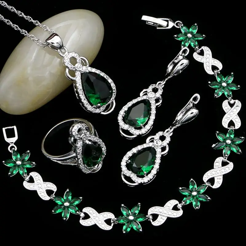925 Sterling Silver Jewelry Sets For Women Natural Green Cubic Zirconia White Crystal Earrings/Pendant/Necklace/Ring/Bracelet | Украшения и