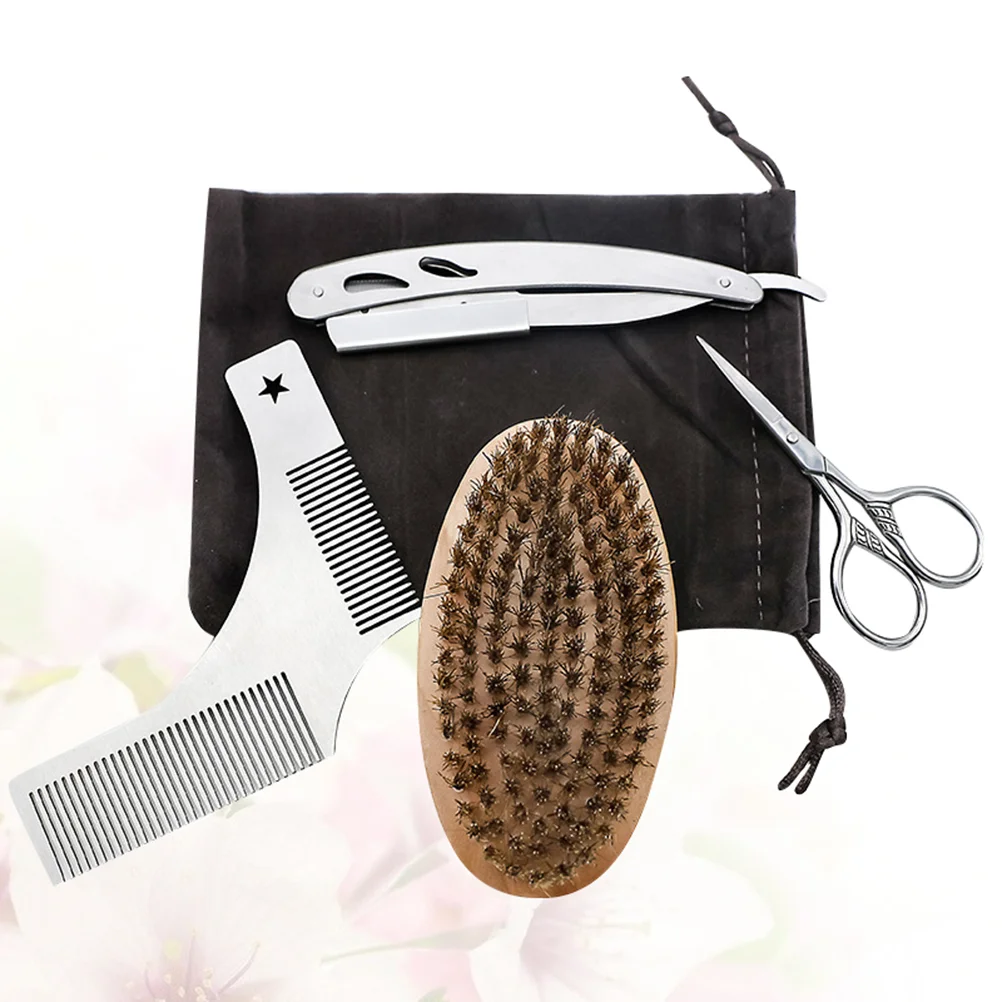 

4pcs Beard Trimming Set Stainless Steel Scissors Razor Mustache Steel Comb and Brush Grooming Kit (with Cloth Bag)