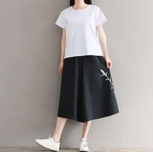 Летние брюки Винтаж трава вышитые женские свободные твердые черные эластичные