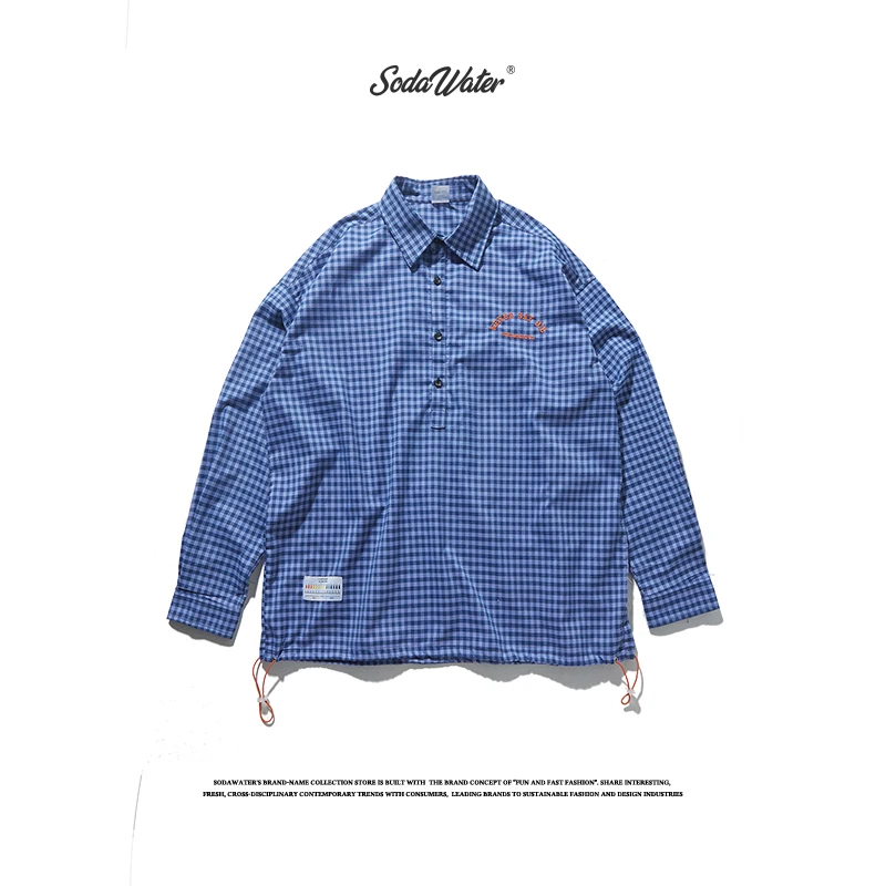 SODAWATER Men 2019 Autumn New Japan Style Oversize Pullover Plaid Shirt For Casual Blue Letter Long Sleeve 9296W | Мужская одежда