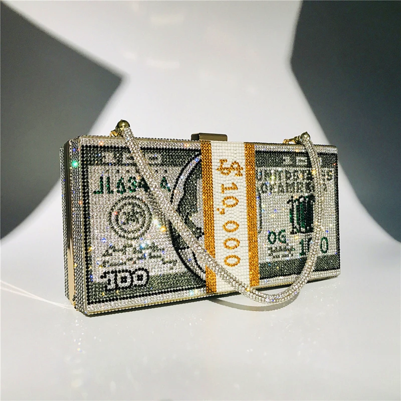 

Money Clutch Rhinestone Purse 10000 Dollars Stack Of Cash Evening Handbags Shoulder Wedding Dinner Bag 7 Color