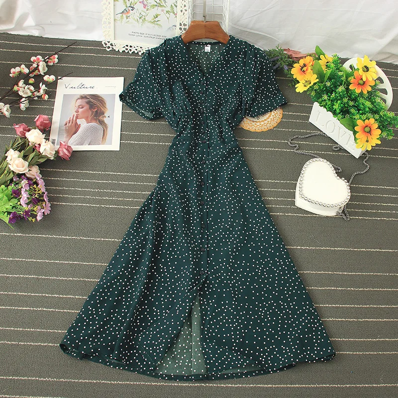 Женское винтажное платье Fitaylor облегающее однобортное миди в горошек с v-образным