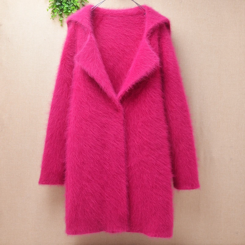 

pull rose female women hairy plush mink cashmere knitted suit collar long sleeves slim cardigans angora fur jacket coat sweater