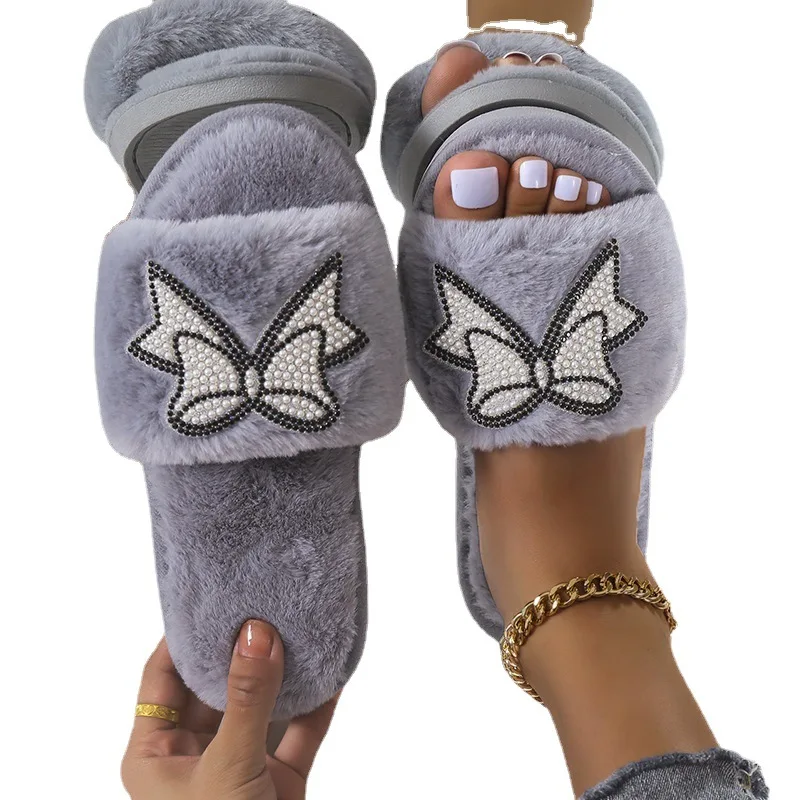 

Fahion Fur Slipper For Women Keep Warm Slipper Plush Non-Slip Shoes Female Elegant Soft Bedroom Kapcie Pantuflas Zapatos