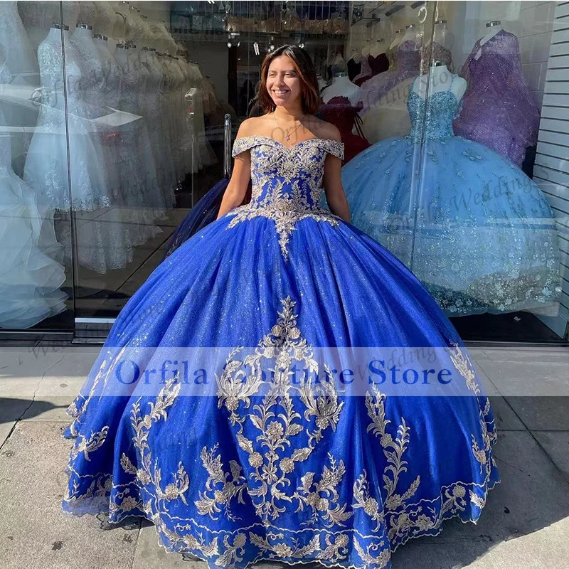 

Royal Blue Quinceanera Dress 2021 Off Shoulder Appliques Lace Princess Party Sweet 16 Ball Gown Vestidos De 15 Años