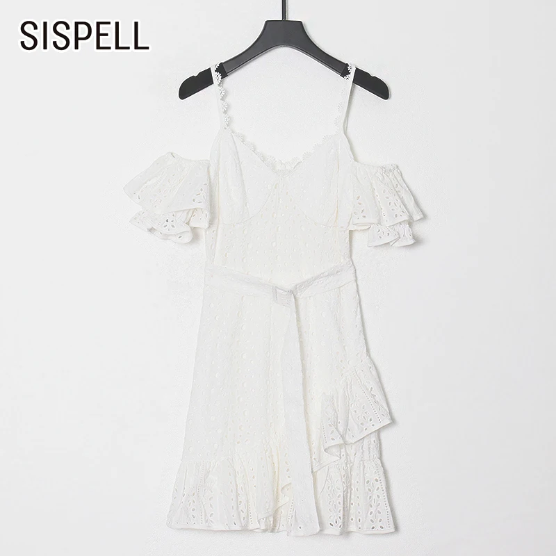 

Женское ажурное платье SISPELL, лоскутное кружевное платье с открытыми плечами, квадратным вырезом, коротким рукавом и высокой талией, стройня...