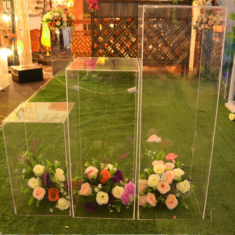Soporte de flores para pasillo, columna cuadrada transparente, decoraci&oacute;n de boda, marco de flores, decoraci&oacute;n de camino, fiesta-3