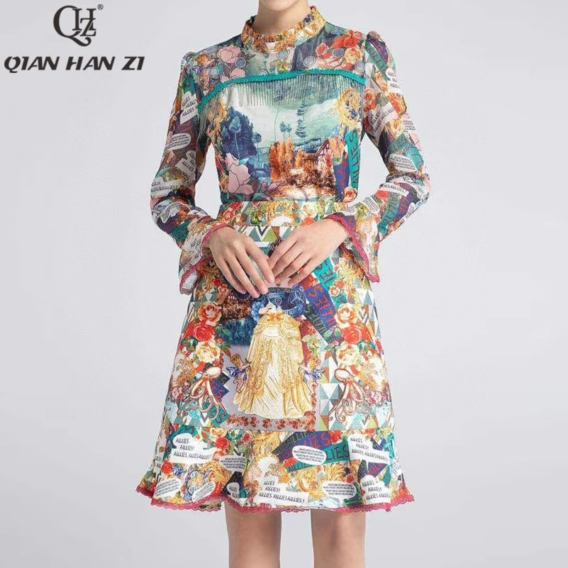 

Qian Han Zi Designer Fashion vintage pattern printing 2-piece set womens tops and blouses+Elegant ruffle bodycon skirt Suit set