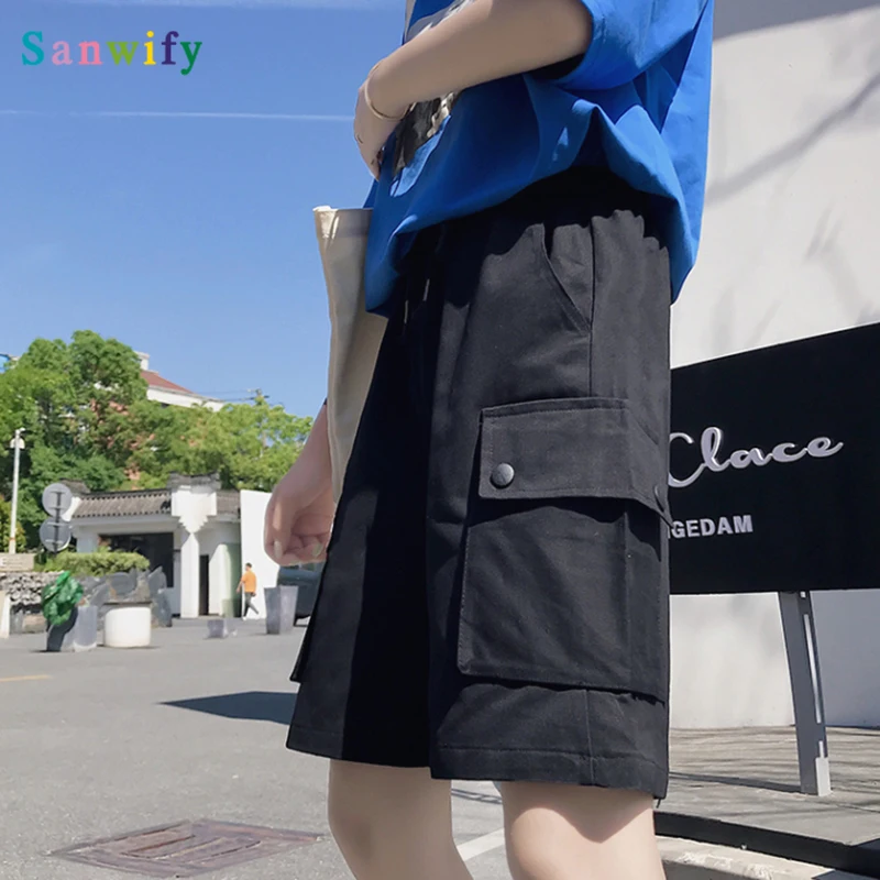 

Boyfriend Style Pockets Cargo Shorts Women Loose M-xxl Black Shorts Summer Solid Color Cool Short