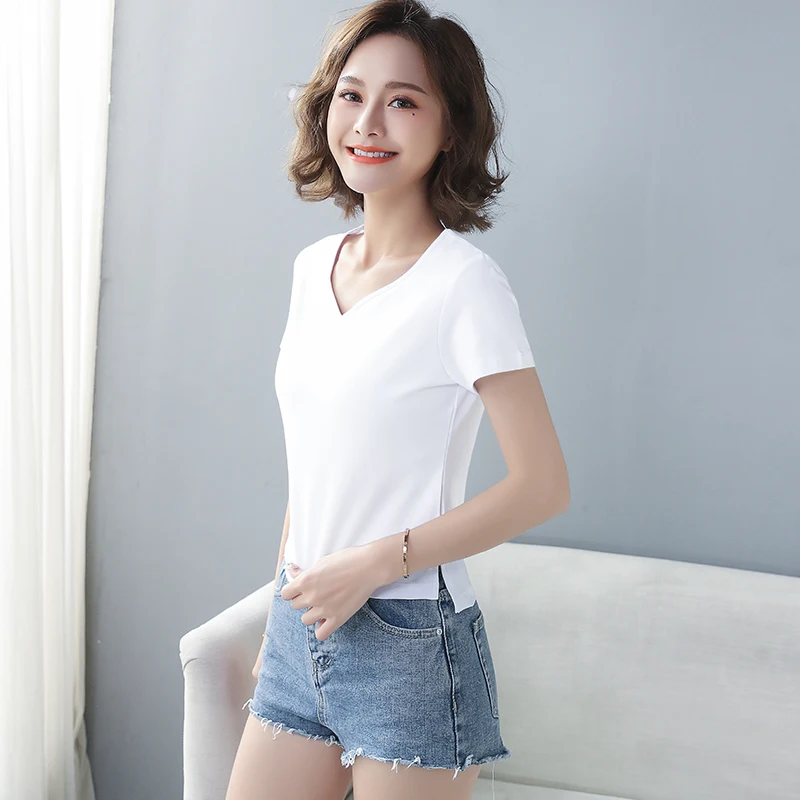 

Women Soft Cotton T-shirt V-NECK Solid color Lady Tees Short Sleeve Summer Women's clothing All match Female T-shirts