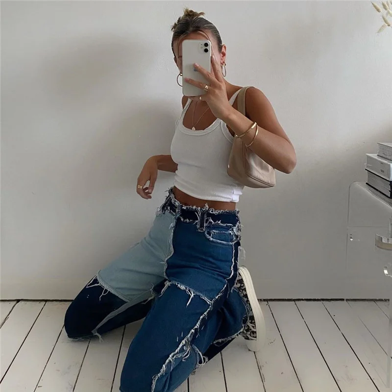 

Jeans Pants Women Y2k Straight Contrast Color Patchwork High Waist Ladies Harajuku Denim Pants Chic Streetwear Outfits Femme