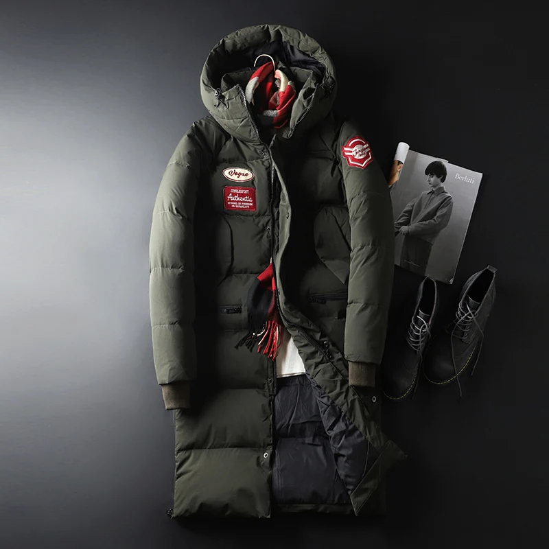 Мужской длинный пуховик с защитой от ветра толстый теплый зимний пальто на белом