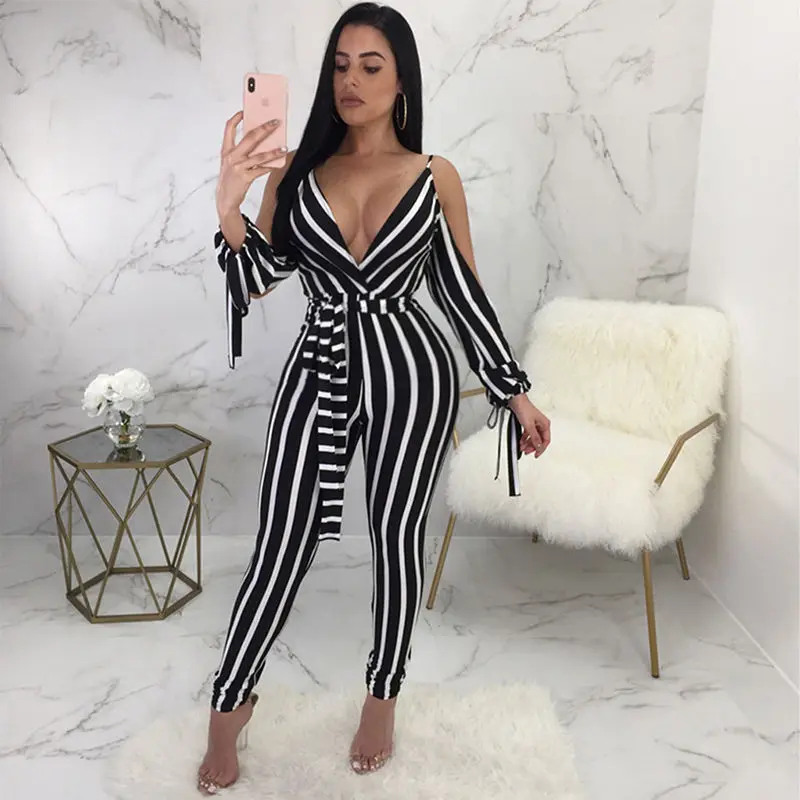 

Striped Long Rompers Jumpsuits Backless Women Sexy Deep V Neck Split Long Sleeve Cold Shoulder Bodycon Long Pants Overalls