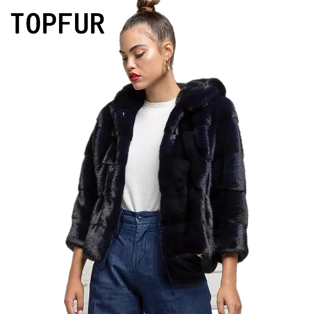 Пальто женское из натуральной норки TOPFUR черное базовое весеннее пальто с
