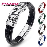 new men punk jewelry braided leather bracelet women handmade bangles trendy stainless steel clasp wrist band black