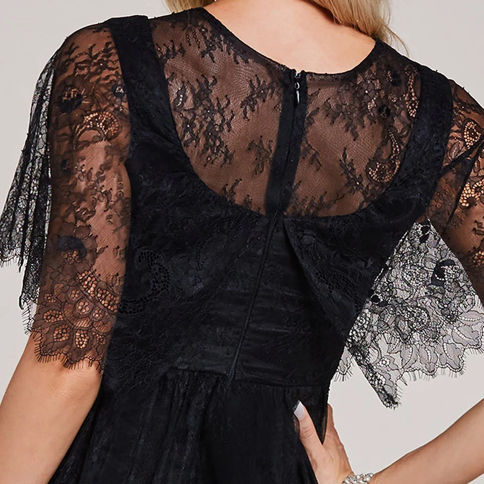 

Dressv black long evening dress cheap scoop neck short sleeves lace wedding party formal dress a line evening dresses