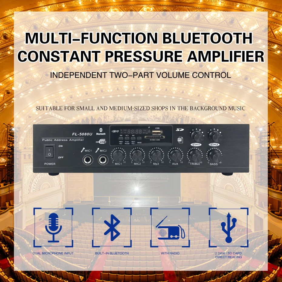 FL-5080U 80 Вт 2 зоны усилитель bluetooth усилитель мощности мини-усилитель звука bluetooth система общественного адреса