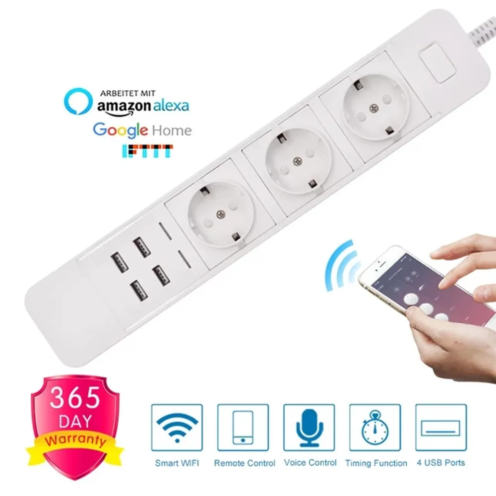 Wifi Smart Power Strip 3/4/6 EU Outlets Plug  4 USB Charging Port Timing App Voice Control Work with Alexa Google Home Assistant