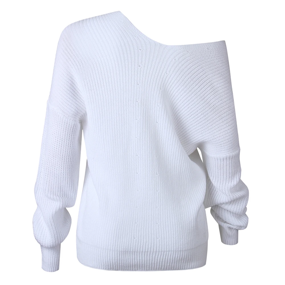 

Jocoo Jolee Women Fall Long Sleeve V Neck Knitted Cross Criss Striped White Sweater Causal Off Shoulder Loose Pullovers Jumper