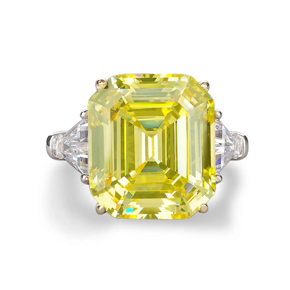 

Colorfish 925 Sterling Silver Canary Yellow Square Cut Cubic Zirconia CZ 3-Stone Anniversary Engagement Ring 8 Carat 14*16mm