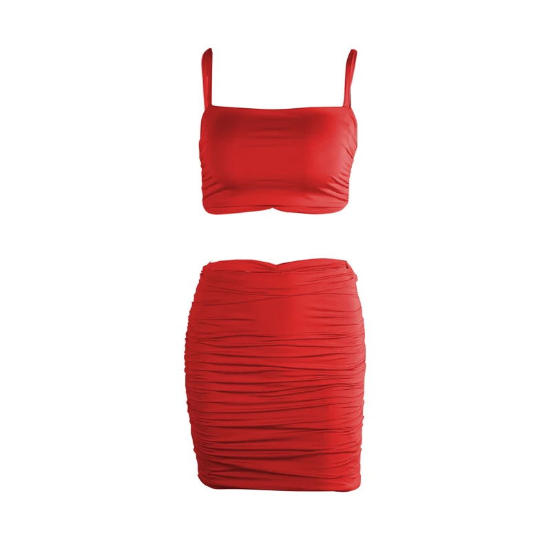 

Sexy Solid Color 2 Piece Set Women Outfits 2021 Summer Spaghetti Strap Crop Top & Mini Skirt Fashion Female Elastic Streetwear