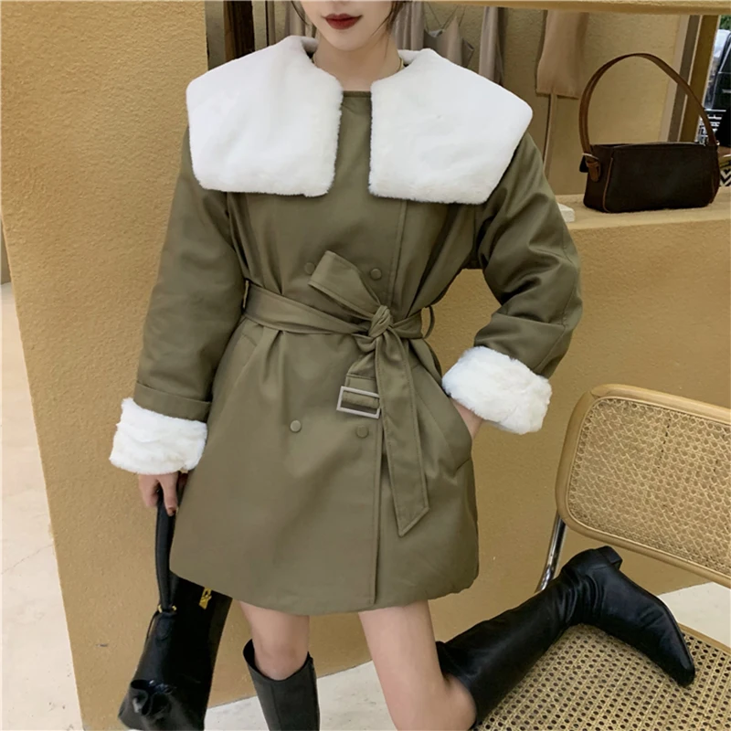 

Lucyever Rabbit Fur Lapel Winter Thick Warm Trench Womens Furry Black Sashes Casual Coats Woman Long Sleeve Korean Fashion Tops