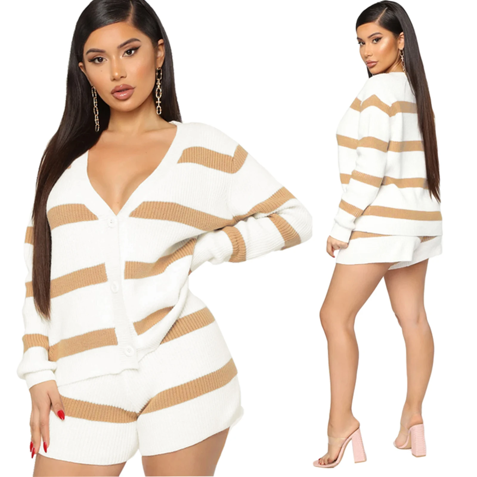 

Womens Two Piece Outfits Long Sleeve V Neck Striped Button Down Cardigan Sweater and Shorts 2pcs Clothes Set Spring Autumn Wear