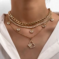 2021 fashion shiny rhinestone butterfly pendant necklace for women hollow heart metal chain choker necklace party jewelry gift