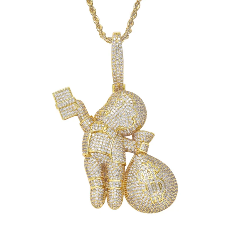 

New Hip Hop Boy Hand Carrying Dollar Bag Pendant Necklace High Quality Cubic Zircon Chain Luxury Jewelry