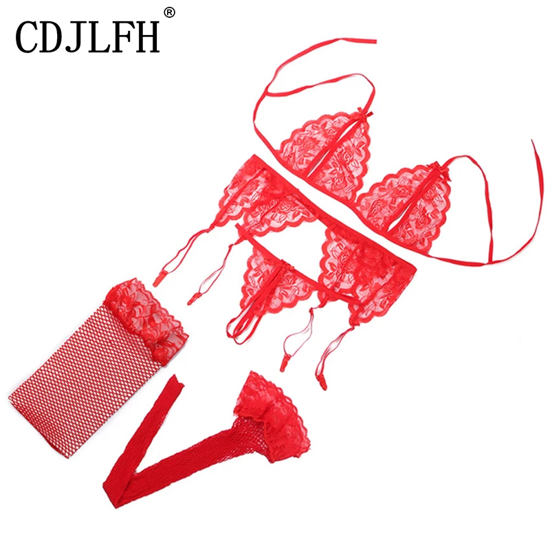Комплект кружевного нижнего белья 4 шт. сексуальный бюстгальтер стринги сетчатые