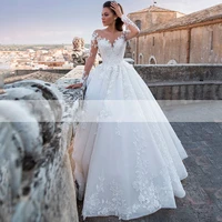 luxury bridal wedding dress with mesh applique scoop neck long sleeve a line romantic bride dresses vestido de noiva ball gown