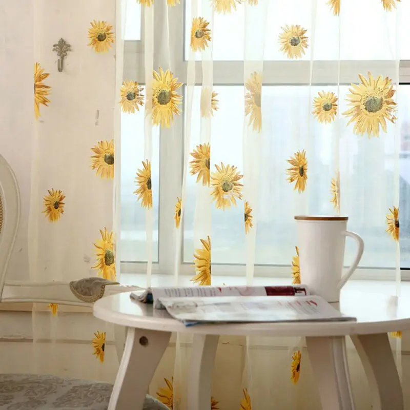 

Beautiful Sunflower Tulle Curtain Voile Kitchen Balcony Room Floral Window Curtain Decor
