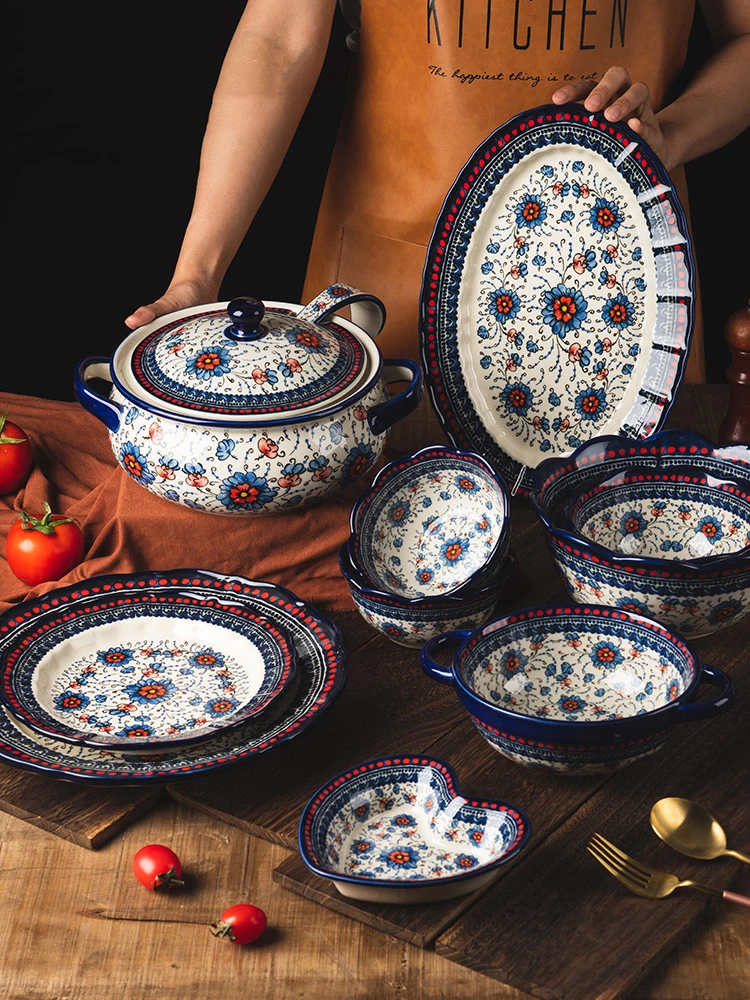 

New Arrival Bowl Deep Plate Set Poland Retro Dinnerware Ceramic Soup Bowl Heart Salad Plate 2L Soup Pot 13inch Fish Plate