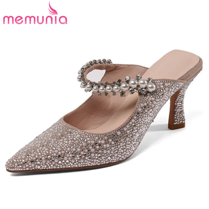 

MEMUNIA 2021 Mules Shoes Women Party Wedding Shoes Thin High Heels Pointed Toe Pearl Crystal Single Shoes Women Pumps