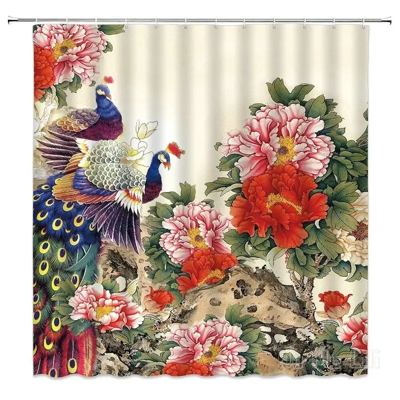

Peacock And Flowers Shower Curtain Watercolor Art Bath Decor