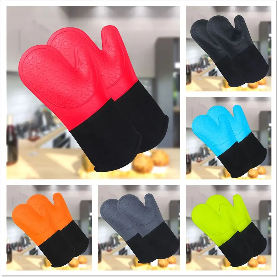 

1 Pcs Insulation Silicone Anti-Skid Oven Mitts Ideal Protection With Extra Thick Quilted Cotton Liner Silicone BBQ Glove