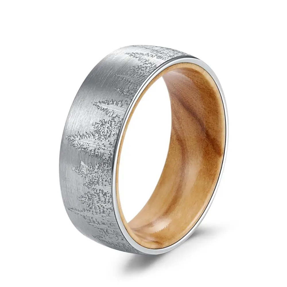 POYA TUNGSTEN Forest Mountain Ring with Oliver Wood Liner Men's 8 mm Wedding Band Comfort Fit