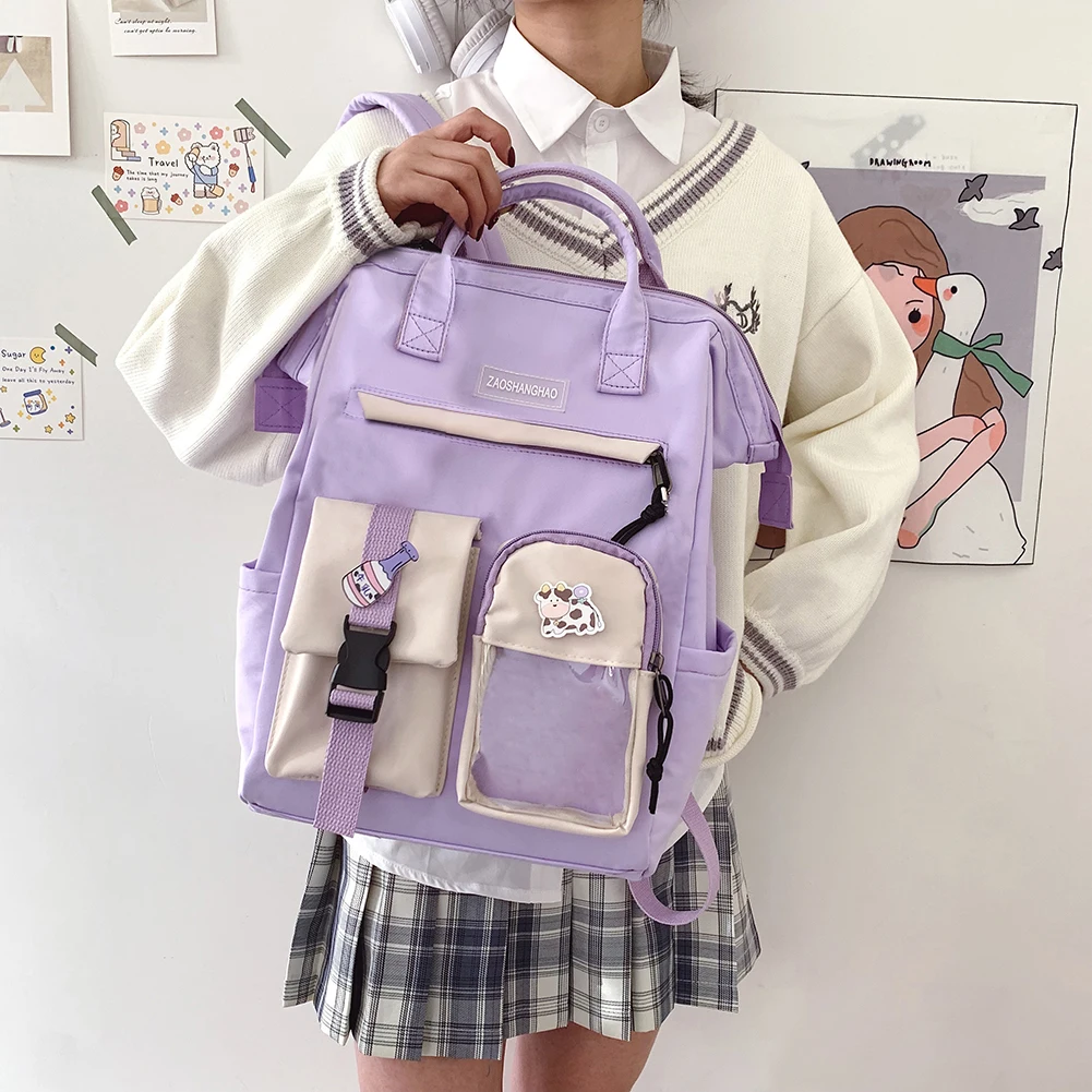 

Preppy Style Women Backpack Contrast Colors Teenager Girls High School Bags Female Large Travel Bag Cute Multi-Pockets Rucksack