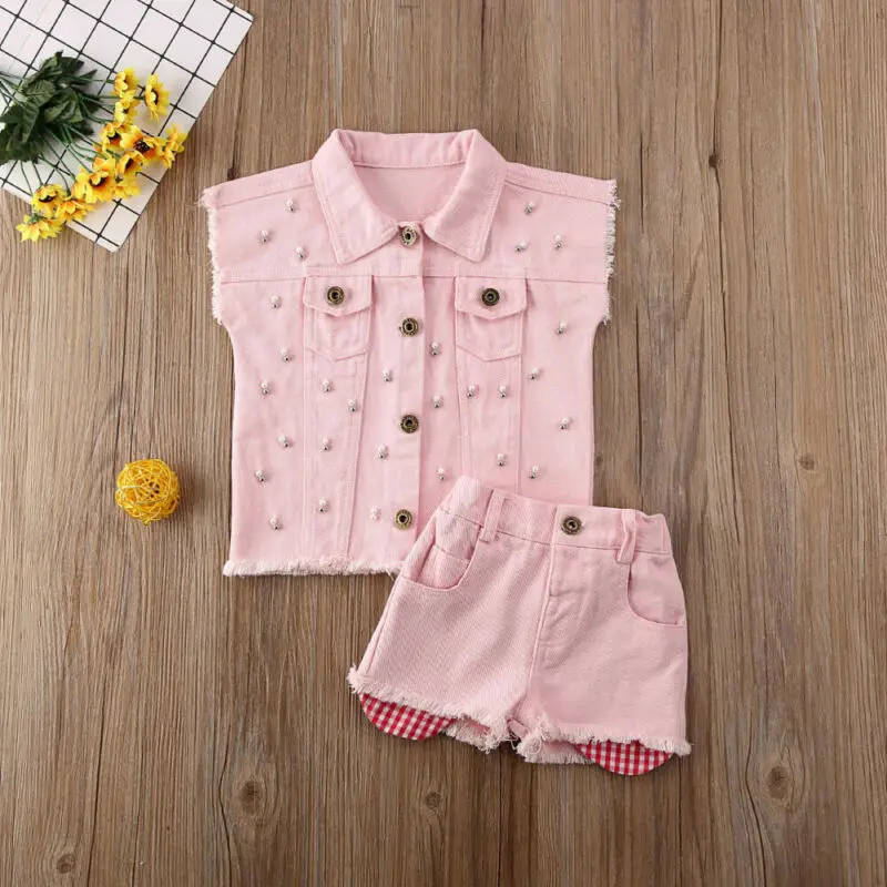 Boutique Kid Clothes 2PCS Infant Kids Baby Girl Denim Vest Tops Waistcoat+Shorts Pants 2pcs Outfit | Мать и ребенок
