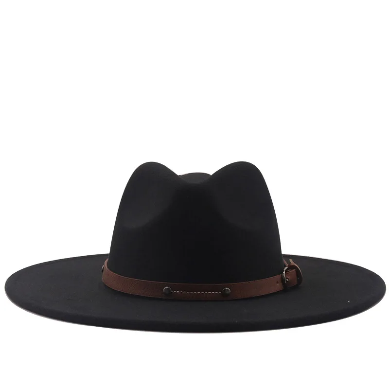 

Women 9.5cm Large Wide Brim Wool Felt Fedora Hats Chic Floppy Trilby Hat with Leather Bands Church Dress Wedding Jazz Top Caps