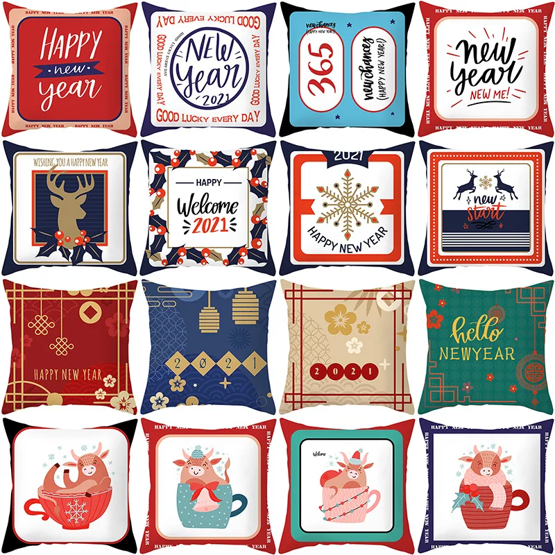 

2021 Chinese New Year of The Ox Nordic Cartoon Letter Series Polyester Home Decoration Pillow Cover