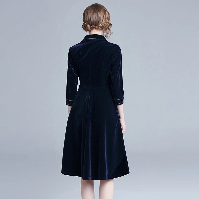 

New Elegant Vintage Women Embroidery Velvet Slim Tunic Midi Dress Office Lady V-Neck Three Quarter Sleeve Dresses Party Clothing