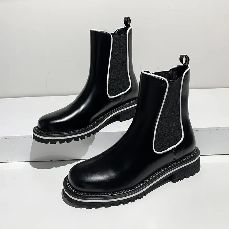 

Женские короткие ботинки в британском стиле, Черные ботильоны на толстой плоской подошве, осень 2021