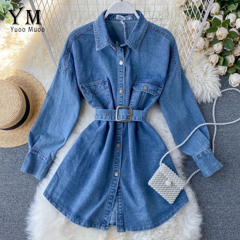 YuooMuoo Ins модное женское джинсовое платье с длинным рукавом Осеннее Короткое